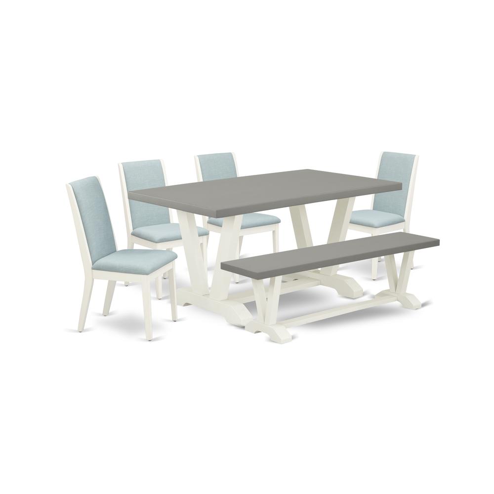 East West Furniture V096LA015-6 6-Piece Gorgeous Rectangular Table Set an Excellent Cement Color Dining Room Table Top and Cement Color Indoor Bench and 4 Wonderful Linen Fabric Padded Chairs with Sty. Picture 1