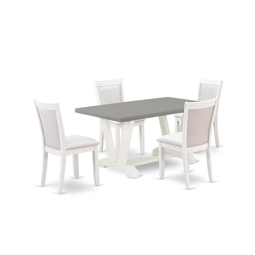 East West Furniture 5-Piece Dining Room Table Set Includes a Wood Dining Table and 4 Cream Linen Fabric Upholstered Chairs with Stylish Back - Wire Brushed Linen White Finish. Picture 1