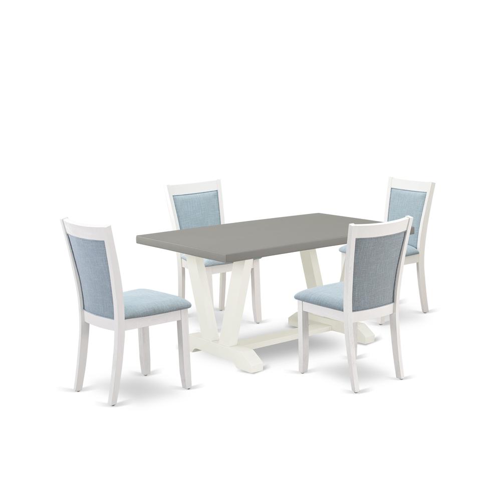 East West Furniture 5-Piece Dinner Table Set Includes a Kitchen Table and 4 Baby Blue Linen Fabric Dining Chairs with Stylish Back - Wire Brushed Linen White Finish. Picture 1