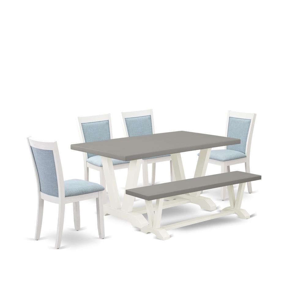 East West Furniture 6-Piece Dinner Table Set Includes a Modern Table - 4 Baby Blue Linen Fabric Dining Chairs with Stylish Back and a Small Bench - Wire Brushed Linen White Finish. Picture 1