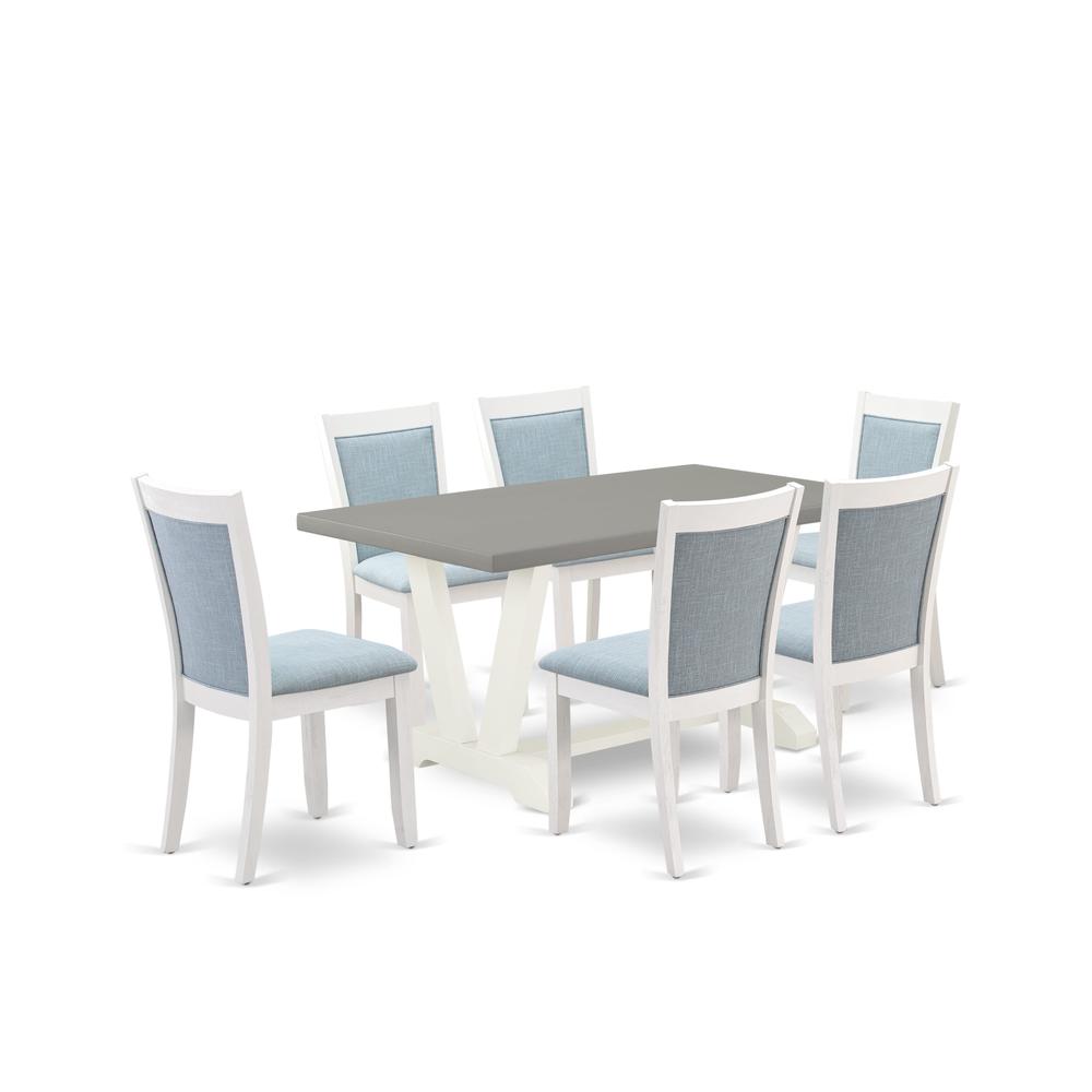 East West Furniture 7-Piece Dinette Set Includes a Modern Dining Table and 6 Baby Blue Linen Fabric Parsons Chairs with Stylish Back - Wire Brushed Linen White Finish. Picture 1