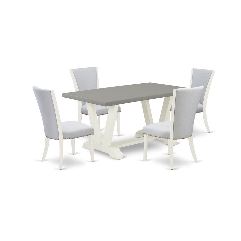 East West Furniture 5-Pc Dining Set Includes 4 Mid Century Modern Chairs with Upholstered Seat and Stylish Back-Rectangular Kitchen Table - Cement and Wirebrushed Linen White Finish. Picture 1