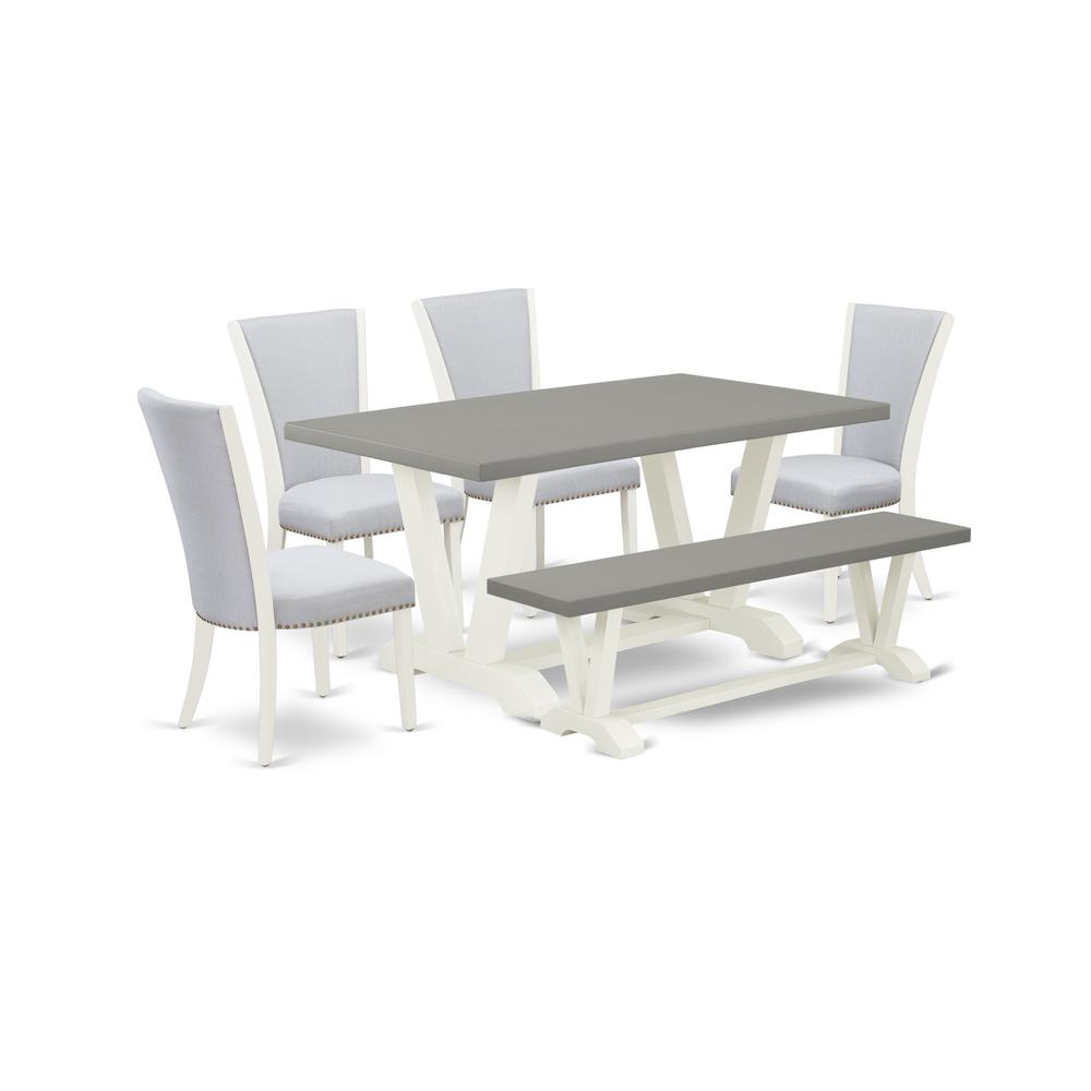 East West Furniture V096VE005-6 6 Piece Mid Century Dining Set - 4 Grey Wirebrush Linen Fabric Dining Room Chairs with Nailheads and Cement Modern Dining Table - 1 Kitchen Bench - Wirebrushed Linen Wh. Picture 1