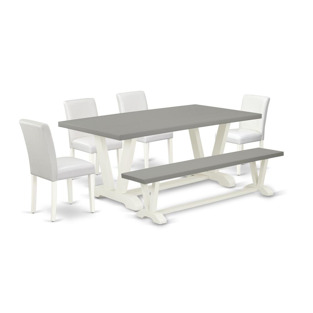 East West Furniture V097AB264-6 6-Piece Modern Dining Set a Great Cement Color Dining Room Table Top and Cement Color Indoor Bench and 4 Wonderful Pu Leather Kitchen Chairs with Stylish Chair Back, Li. Picture 1