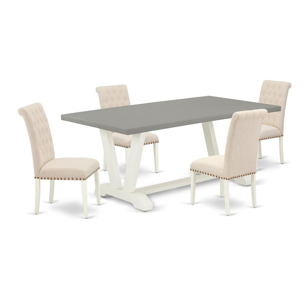 East West Furniture V097BR202-5 5-Piece Gorgeous Dinette Set a Great Cement Color Dining room Table Top and 4 Awesome Linen Fabric Dining Chairs with Nail Heads and Button Tufted Chair Back, Linen Whi. Picture 1