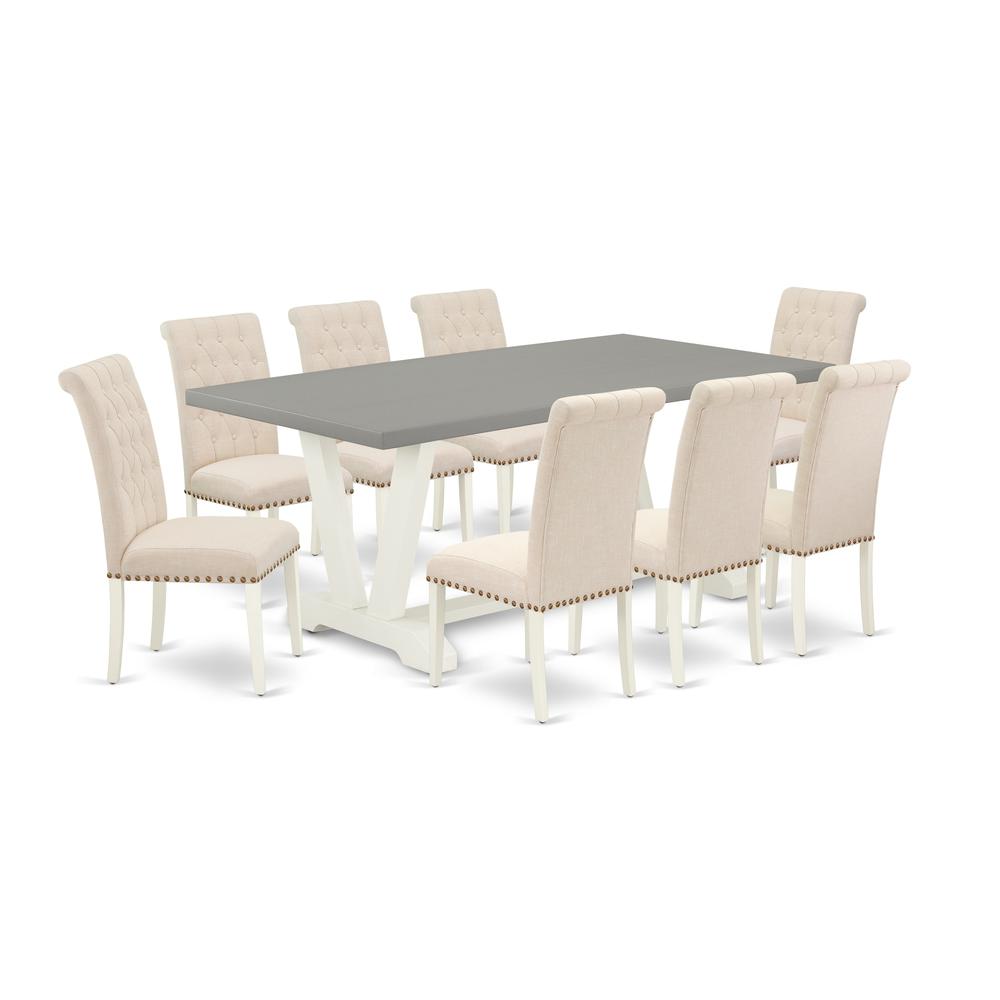 East West Furniture V097BR202-9 9-Piece Awesome Dinette Set a Superb Cement Color Kitchen Rectangular Table Top and 8 Attractive Linen Fabric Padded Parson Chairs with Nail Heads and Button Tufted Cha. Picture 1