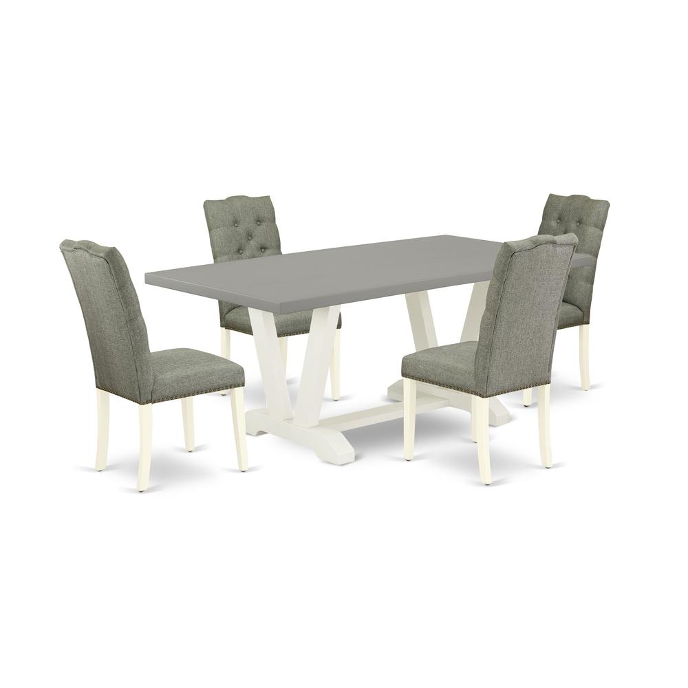 East West Furniture 5-Pc Kitchen Dining Room Set- 4 Dining Chairs with Smoke Linen Fabric Seat and Button Tufted Chair Back - Rectangular Table Top & Wooden Legs - Cement and Linen White Finish. Picture 1