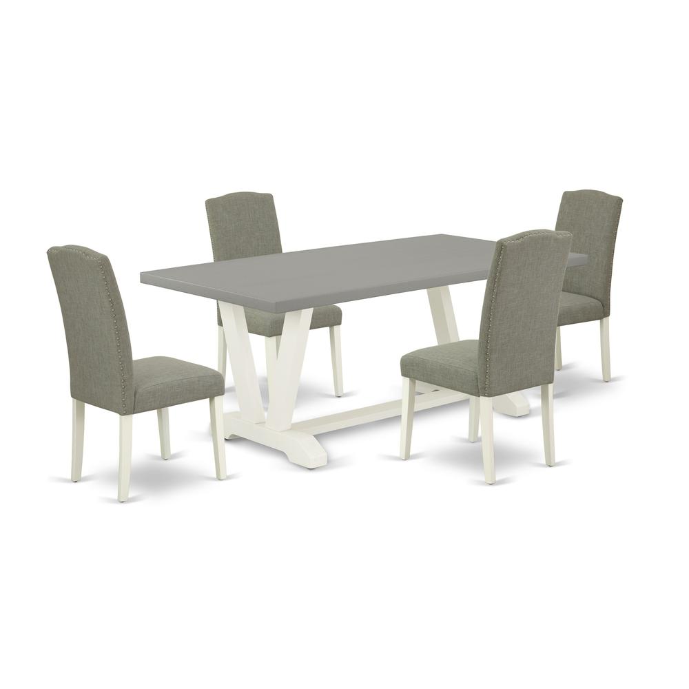 East West Furniture 5-Piece Beautiful Dining Room Set a Great Cement Color Dining Table Top and 4 Attractive Linen Fabric Dining Chairs with Nail Heads and Stylish Chair Back, Linen White Finish. Picture 1