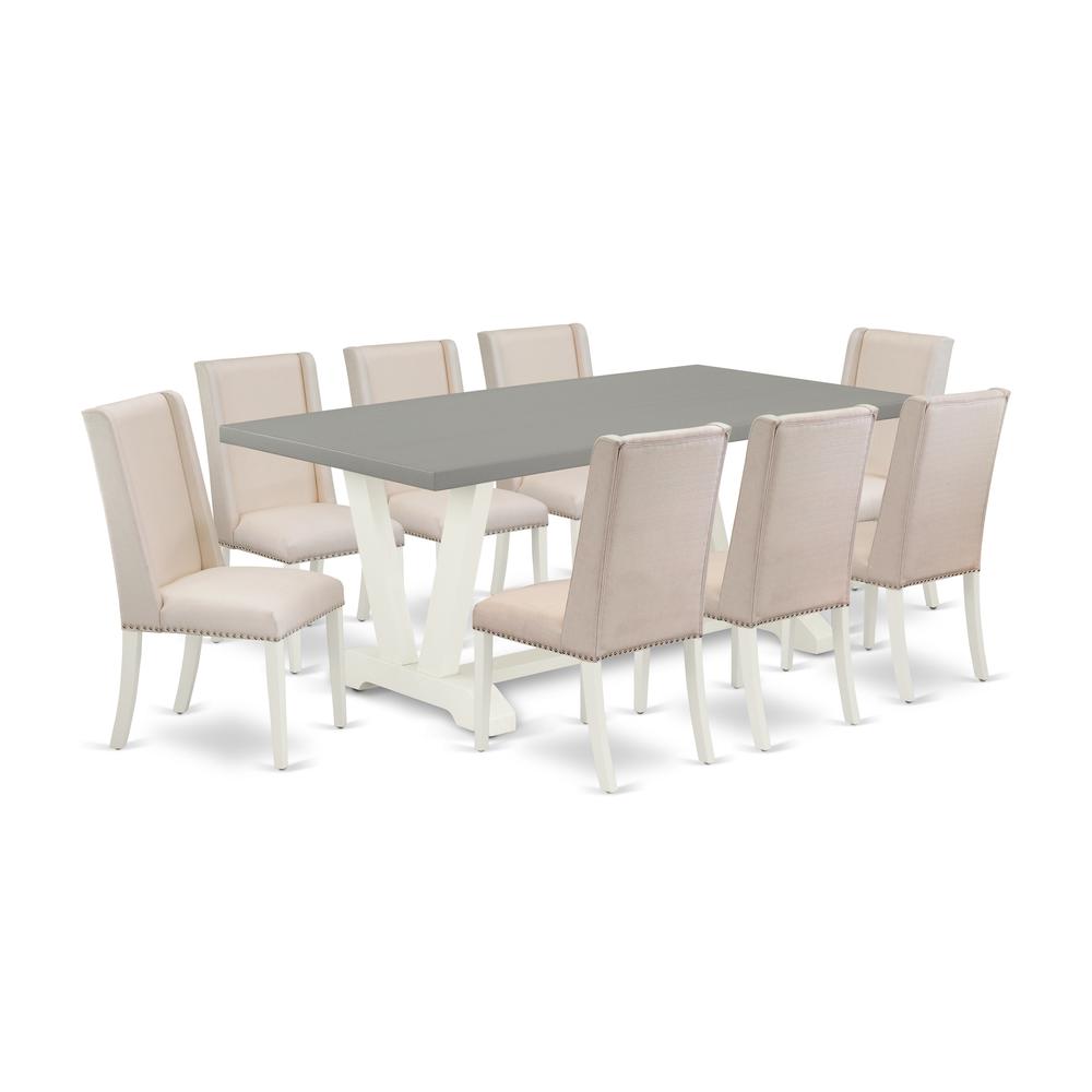 East West Furniture V097FL201-9 9-Piece Beautiful Dinette Set a Good Cement Color Wood Table Top and 8 Beautiful Linen Fabric Dining Room Chairs with Nails Head and Stylish Chair Back, Linen White Fin. Picture 1