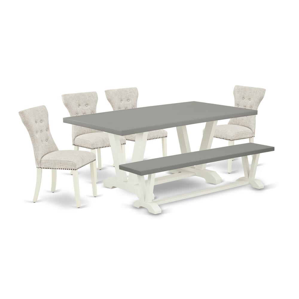 East West Furniture 6-Pc Kitchen Dining Room Set- 4 Kitchen Parson Chairs with Doeskin Linen Fabric Seat and Button Tufted Chair Back - Rectangular Top & Wooden Legs Modern Dining Table and Dining Ben. Picture 1