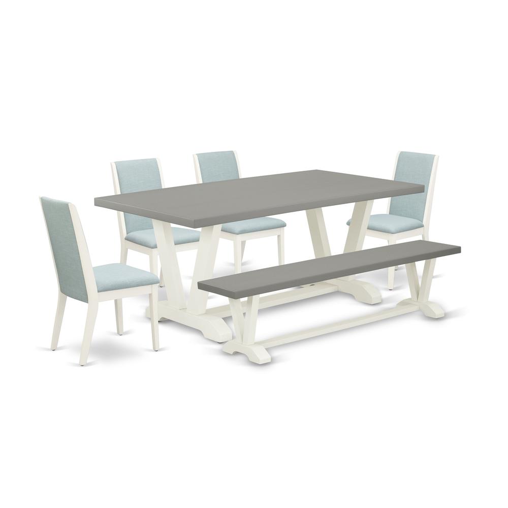 East West Furniture V097LA015-6 6-Piece Amazing Dining Table Set an Outstanding Cement Color Wood Table Top and Cement Color Wooden Bench Indoor and 4 Beautiful Linen Fabric Kitchen Chairs with Stylis. Picture 1