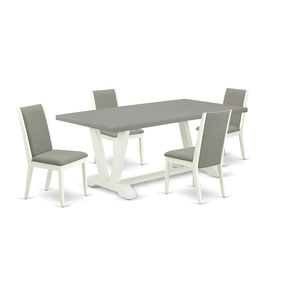 East West Furniture V097LA206-5 5-Piece Gorgeous Dining Room Table Set a Good Cement Color Dining Room Table Top and 4 Awesome Linen Fabric Dining Room Chairs with Stylish Chair Back, Linen White Fini. Picture 1