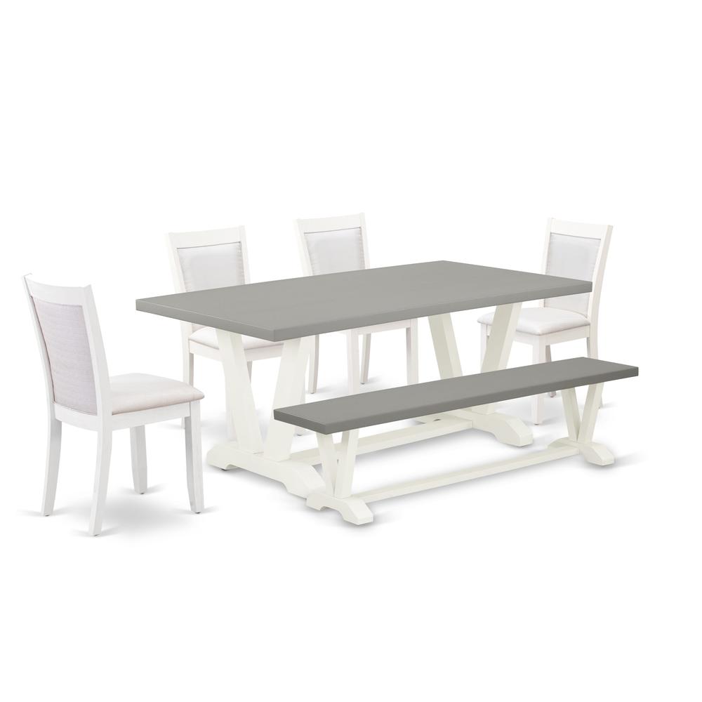 East West Furniture 6-Pc Dinette Set Consists of a Wooden Table - 4 Cream Linen Fabric Parson Chairs with Stylish Back and a Wooden Bench - Wire Brushed Linen White Finish. Picture 1