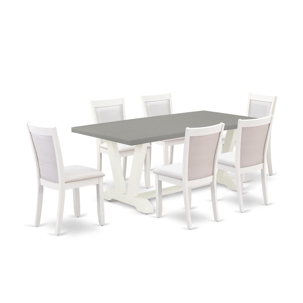 East West Furniture 7-Pc Dining Set Consists of a Dining Room Table and 6 Cream Linen Fabric Dining Room Chairs with Stylish Back - Wire Brushed Linen White Finish. Picture 1