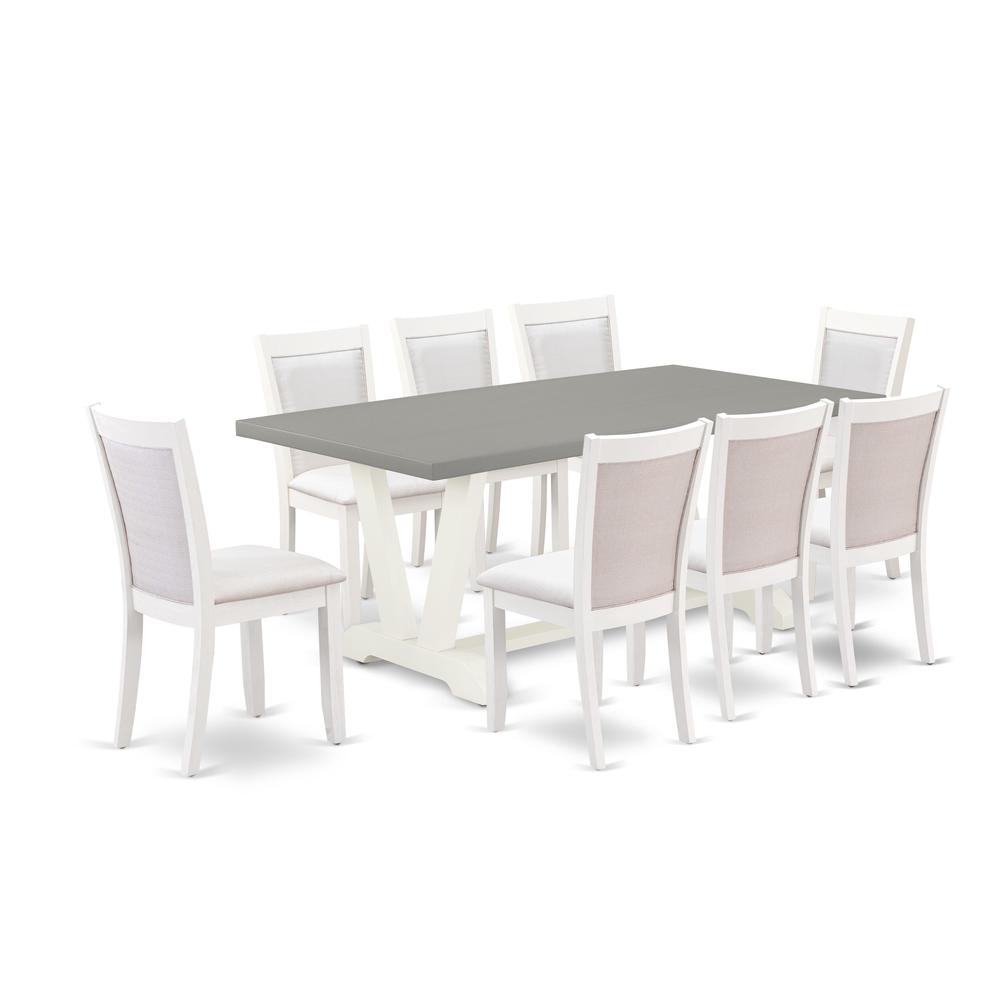 East West Furniture 9-Pc Modern Dining Table Set Consists of a Rectangular Table and 8 Cream Linen Fabric Dining Room Chairs with Stylish Back - Wire Brushed Linen White Finish. Picture 1