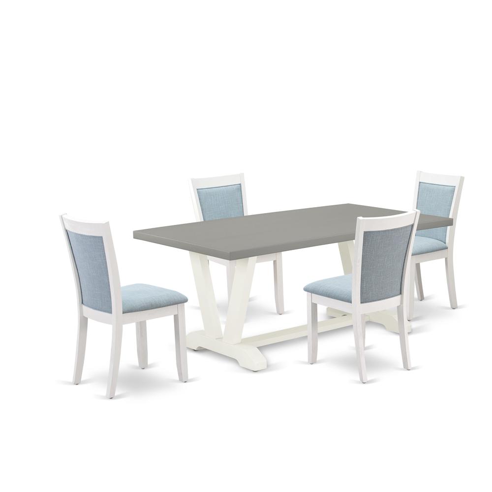 East West Furniture 5-Pc Dinner Dining Room Table Set Consists of a Wood Dining Table and 4 Baby Blue Linen Fabric Dining Room Chairs with Stylish Back - Wire Brushed Linen White Finish. Picture 1