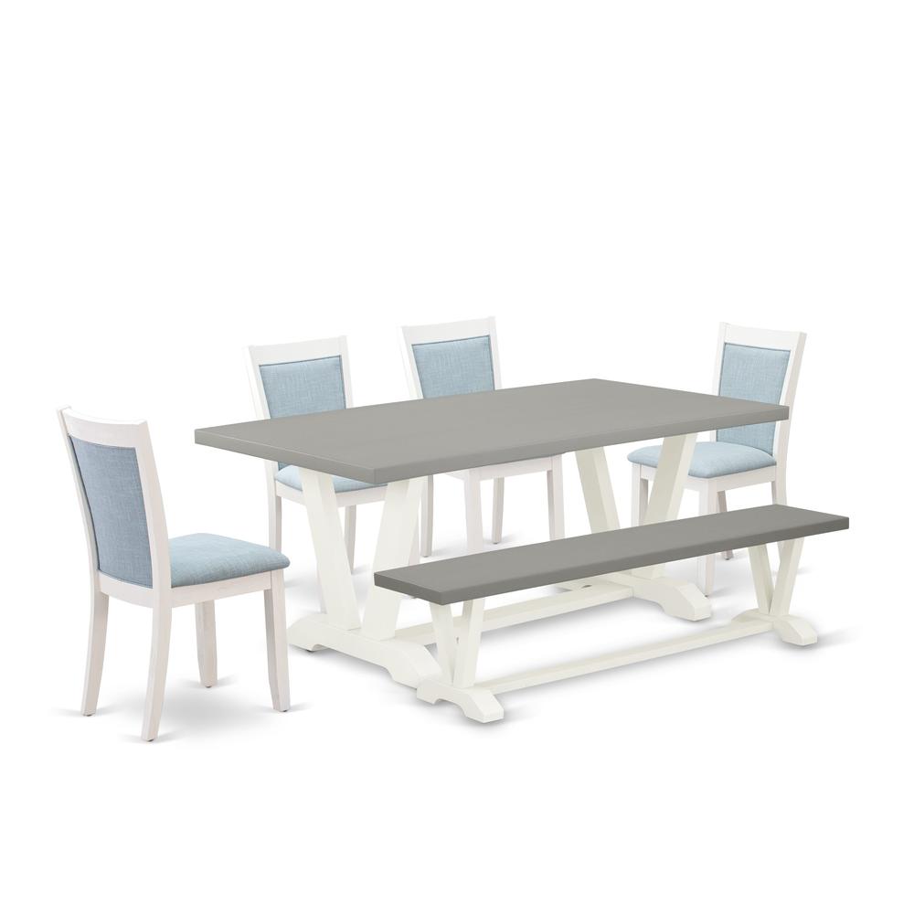 East West Furniture 6-Pc Dining Room Table Set Consists of a Kitchen Table - 4 Baby Blue Linen Fabric Parson Chairs with Stylish Back and a Wooden Bench - Wire Brushed Linen White Finish. Picture 1
