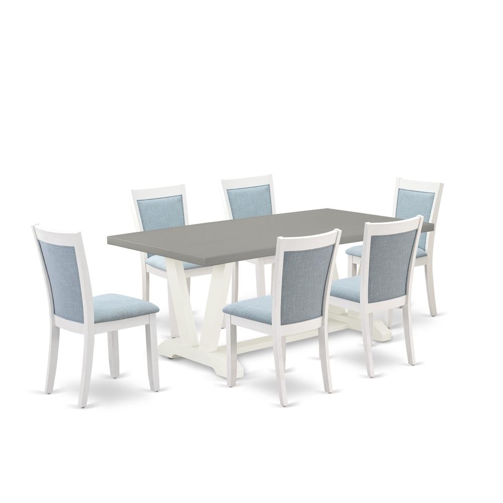 East West Furniture 7-Pc Dining Table Set Consists of a Modern Dining Table and 6 Baby Blue Linen Fabric Dining Chairs with Stylish Back - Wire Brushed Linen White Finish. Picture 1
