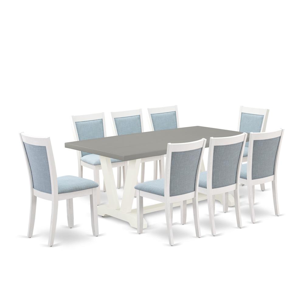 East West Furniture 9-Pc Kitchen Table Set Consists of a Dining Table and 8 Baby Blue Linen Fabric Dining Room Chairs with Stylish Back - Wire Brushed Linen White Finish. Picture 1
