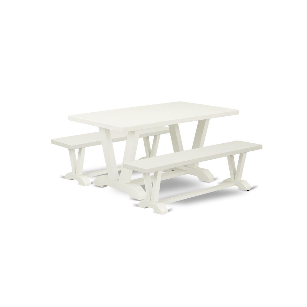 East West Furniture V2-026 3 Pc Table Set - 1 Linen White Wood Dining Table and 2 Mid Century Modern Bench - Stable and Durable Construction - Linen White Finish. Picture 1