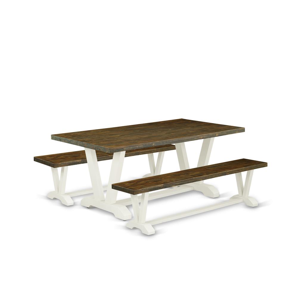 East West Furniture V2-077 3 Pc Kitchen Dining Table Set - 1 Distressed Jacobean Small Kitchen Table and 2 Dining Room Bench - Reliable and Sturdy Constructed - Linen White Finish. Picture 1