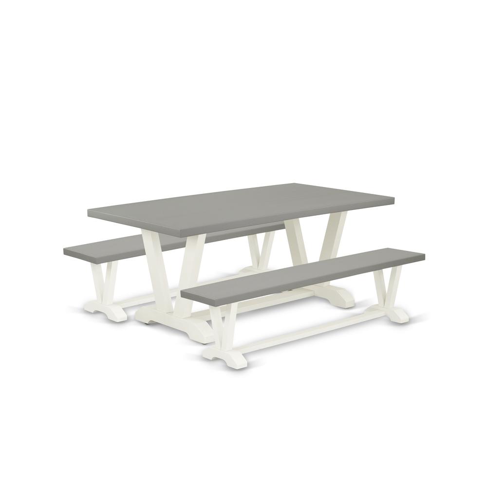 East West Furniture V2-097 3 Piece Kitchen Dining Table Set - 1 Cement Wood Table and 2 Wood Bench - Stable and Durable Construction - Linen White Finish. Picture 1