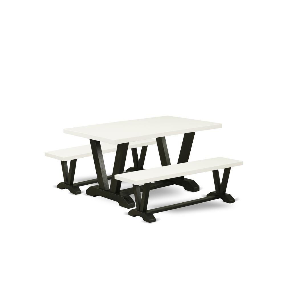 East West Furniture V2-626 3 Piece Dining Room Set - 1 Linen White Wood Dining Table and 2 Wood Benches - Stable and Durable Construction - Wire Brushed Black Finish. Picture 1