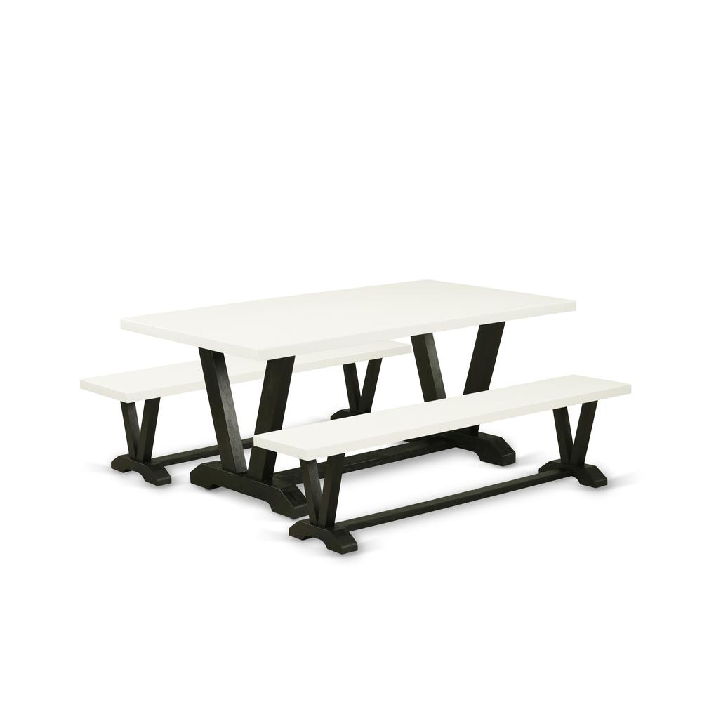 East West Furniture V2-627 3 Piece Small Dining Table Set for 4 - 1 Linen White Dinning Table and 2 Dining Table Bench - Wire Brushed Black Finish. Picture 1