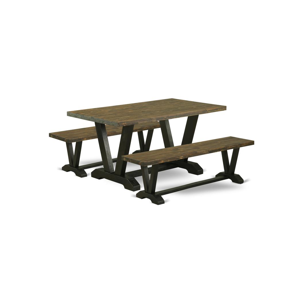 East West Furniture V2-676 3 Piece Dining Room Set - 1 Distressed Jacobean Dinning Table and 2 Small Wood Benches - Stable and Sturdy Construction - Wire Brushed Black Finish. Picture 1