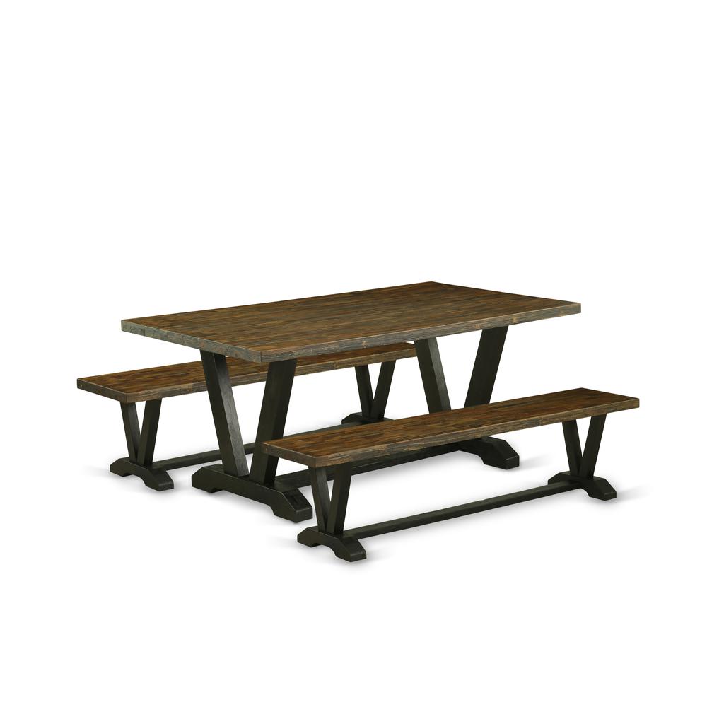 East West Furniture V2-677 3 Piece Modern Dining Table Set - 1 Distressed Jacobean Kitchen Table and 2 Wooden Benches - Wire Brushed Black Finish. Picture 1