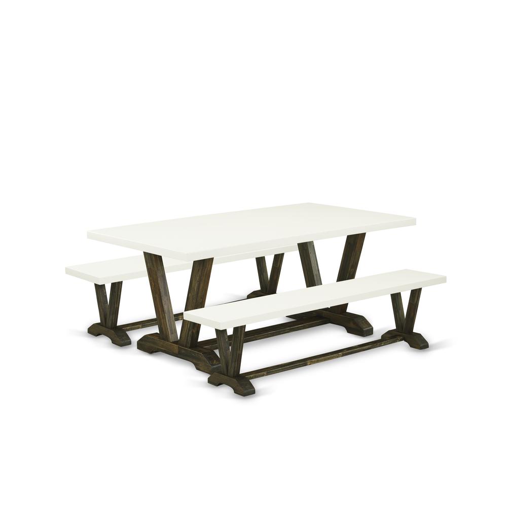 East West Furniture V2-727 3 Piece Dining Room Set - 1 Linen White Breakfast Table and 2 Small Wooden Bench - Stable and Sturdy Constructed - Distressed Jacobean Finish. Picture 1