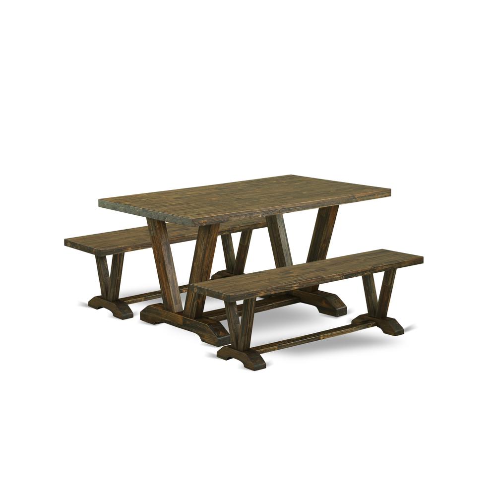 East West Furniture V2-776 3 Piece Dining Table Set - 1 Distressed Jacobean Small Kitchen Table and 2 Kitchen Table Bench - Distressed Jacobean Finish. Picture 1