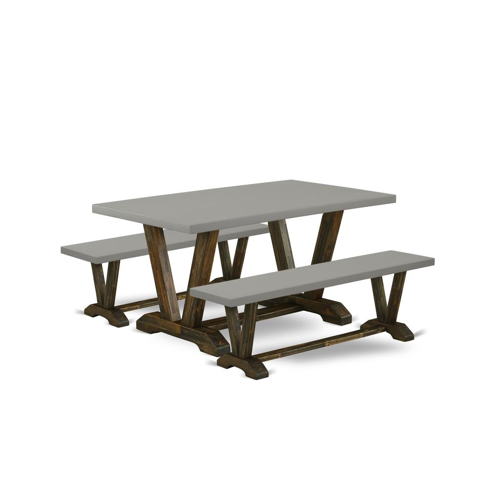 East West Furniture V2-796 3 Piece Kitchen Table Set - 1 Cement Kitchen Table and 2 Small Wood Bench - Stable and Durable Construction - Distressed Jacobean Finish. Picture 1