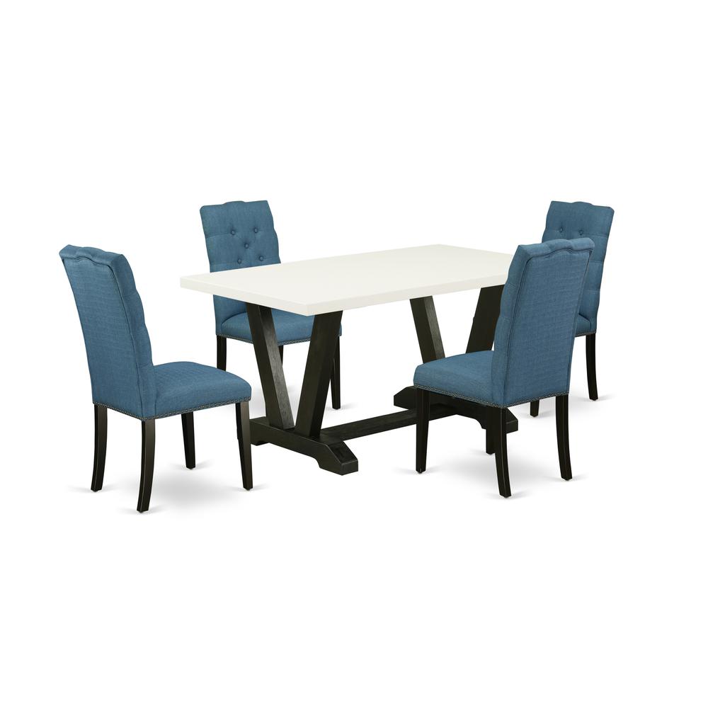 East West Furniture V626EL121-5 5-Piece Gorgeous Rectangular Dining Room Table Set an Excellent Linen White dining table Top and 4 Stunning Linen Fabric Dining Room Chairs with Nail Heads and Button T. Picture 1