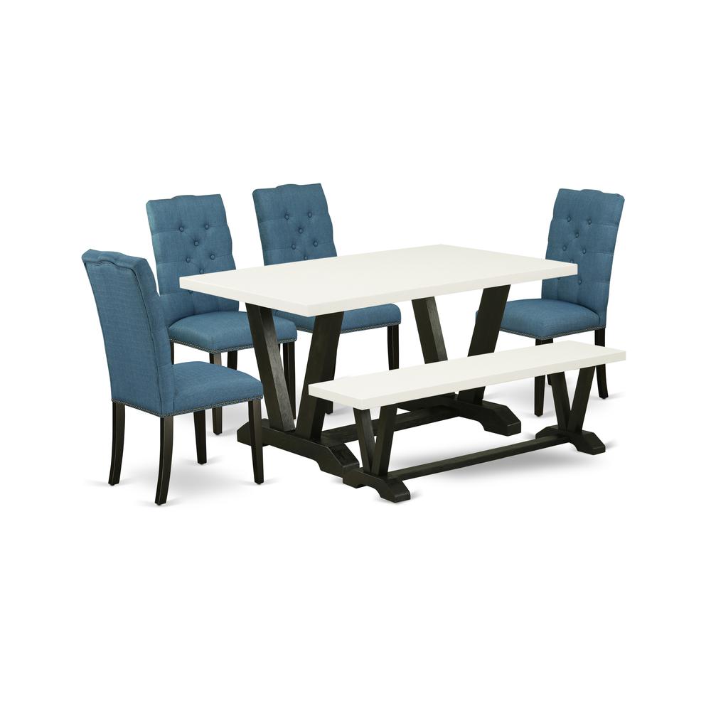 East West Furniture V626EL121-6 6-Piece Fashionable Dining Set an Outstanding Linen White Kitchen Table Top and Linen White Dining Bench and 4 Beautiful Linen Fabric Parson Chairs with Nail Heads and. Picture 1