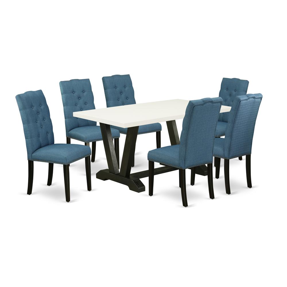 East West Furniture V626EL121-7 7-Piece Gorgeous Rectangular Table Set an Outstanding Linen White dining table Top and 6 Lovely Linen Fabric Dining Chairs with Nail Heads and Button Tufted Chair Back,. Picture 1
