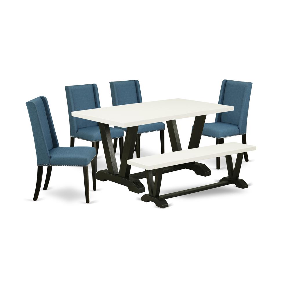 East West Furniture V626FL121-6 6-Piece Stylish Dining Set a Superb Linen White Wood Table Top and Linen White Wooden Bench and 4 Stunning Linen Fabric Dining Chairs with Nail Heads and Stylish Chair. Picture 1