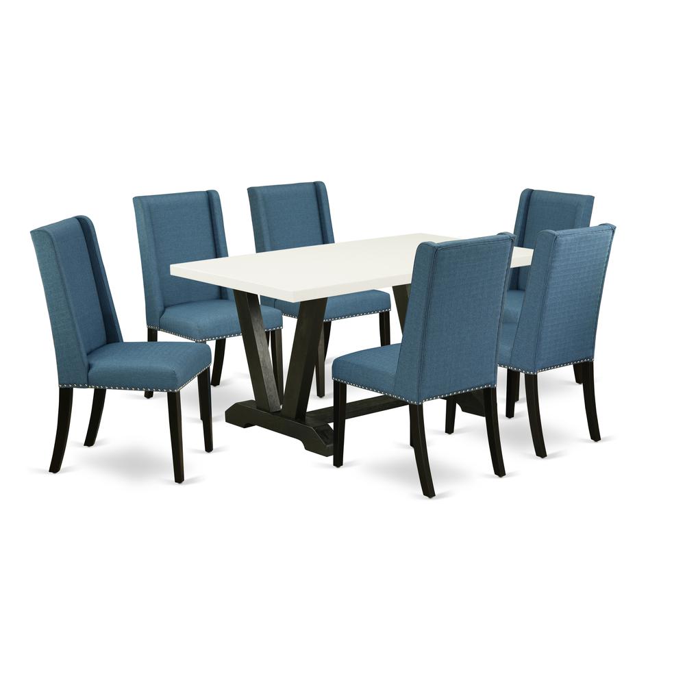 East West Furniture V626FL121-7 7-Piece Modern an Outstanding Linen White Rectangular Dining Table Top and 6 Stunning Linen Fabric Kitchen Parson Chairs with Nail Heads and Stylish Chair Back, Wire Br. Picture 1