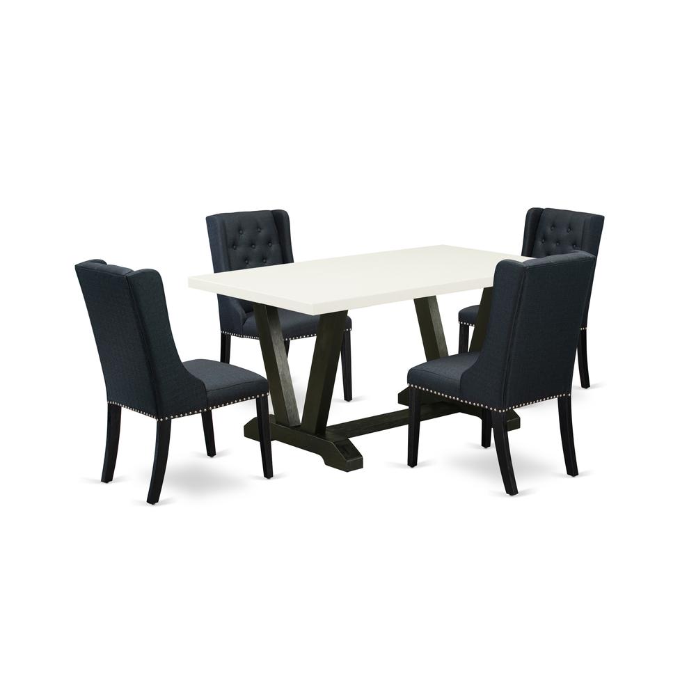 East West Furniture V626FO624-5 5 Piece Dining Table Set Includes 4 Black Linen Fabric Dining Chairs with Button Tufted and Linen White Rectangular Dining Table - Wire Brush Black Finish. Picture 1