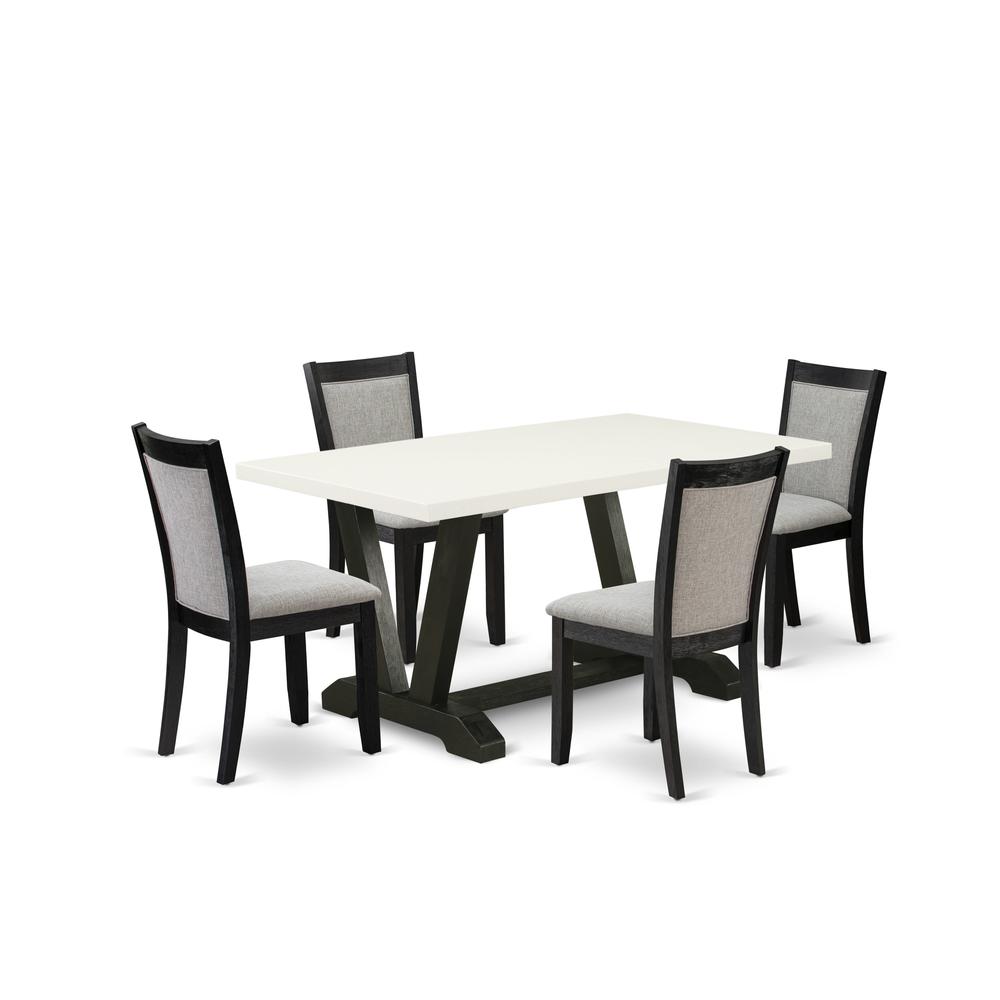 V626MZ606-5 5 Piece Table Set - Linen White Kitchen Table with 4 Shitake Linen Fabric Parson Chairs - Wire Brushed Black Finish. Picture 1