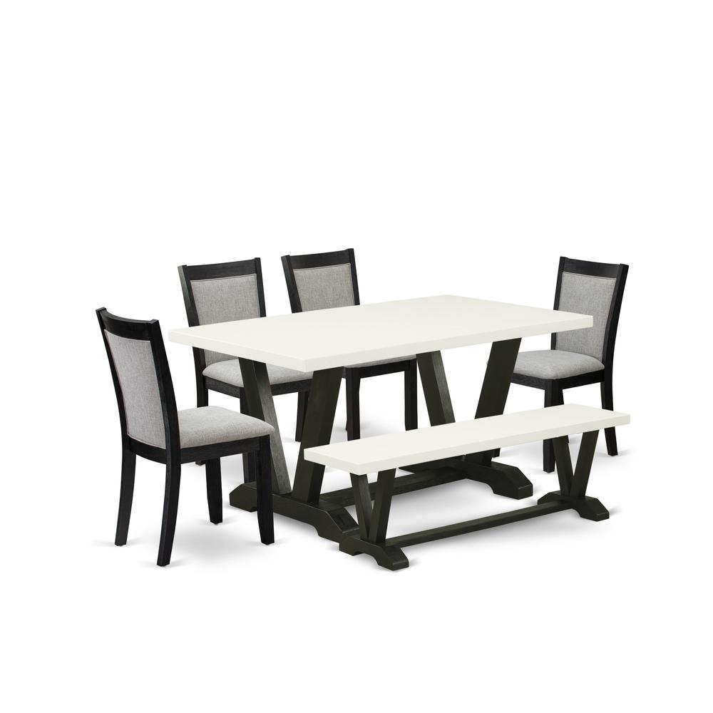 V626MZ606-6 6 Pc Dinette Set - Linen White Dining Table with a Small Wood Bench and 4 Shitake Chairs - Wire Brushed Black Finish. Picture 1