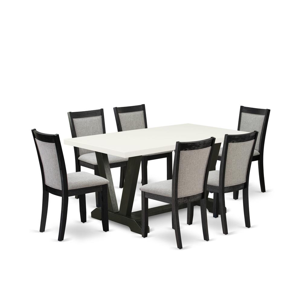 V626MZ606-7 7 Pc Dinner Table Set - Linen White Dining Table with 6 Shitake Wooden Dining Chairs - Wire Brushed Black Finish. Picture 1