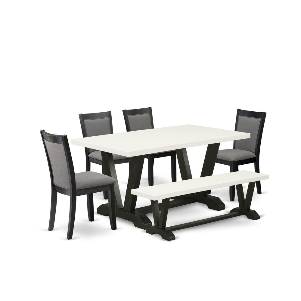 V626MZ650-6 6 Pc Dinette Set - Linen White Table with Dining Room Bench and 4 Dark Gotham Grey Chairs - Wire Brushed Black Finish. Picture 1