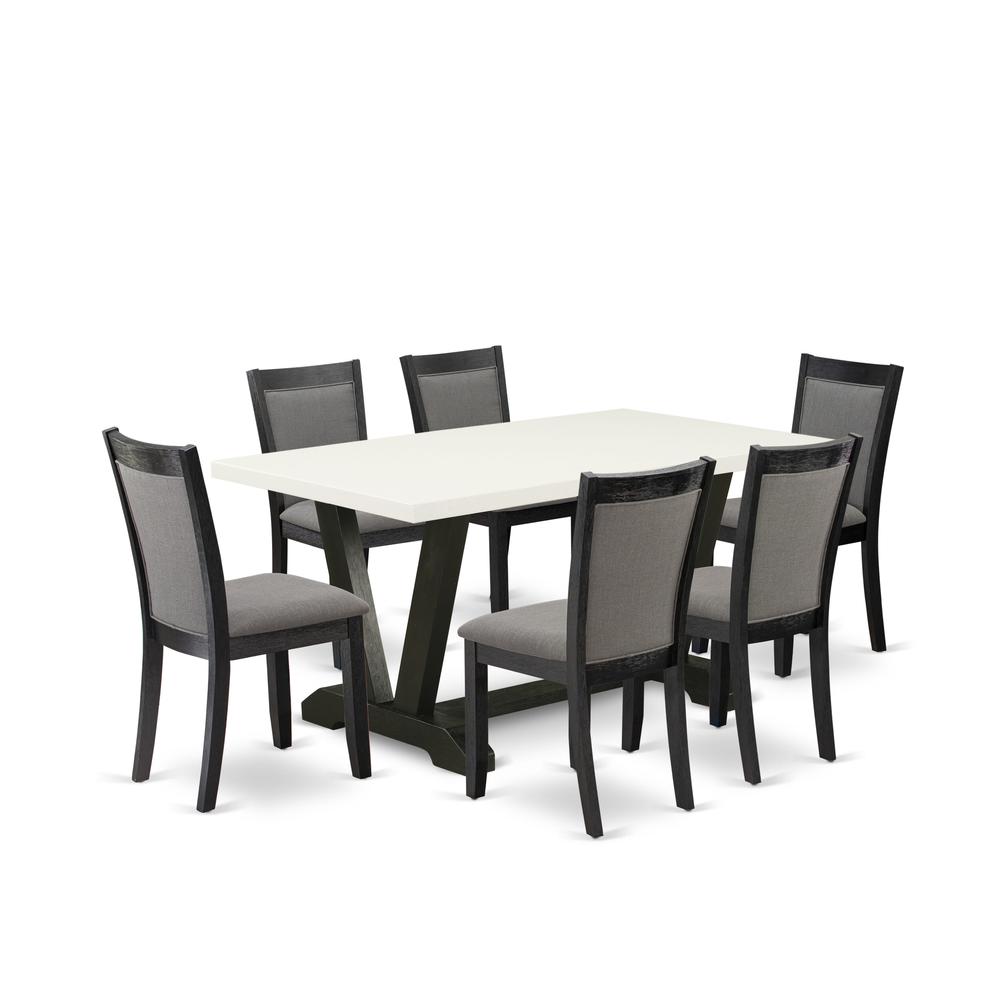 V626MZ650-7 7 Pc Table Set - Linen White Dinner Table with 6 Dark Gotham Grey Parson Chairs - Wire Brushed Black Finish. Picture 1