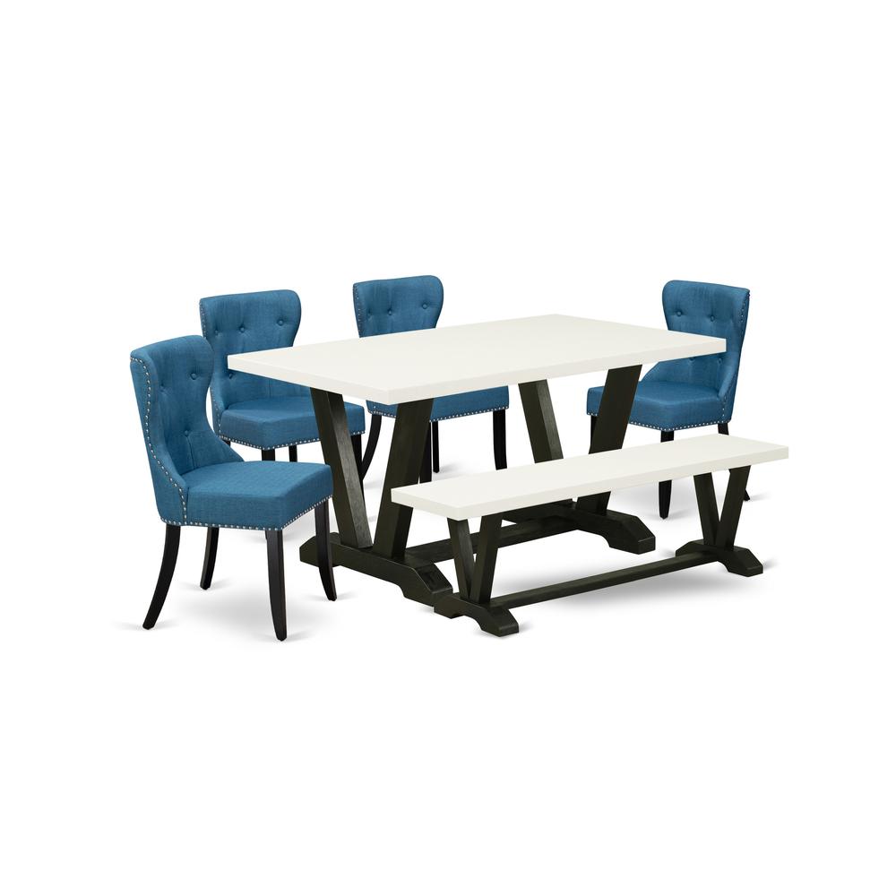 East West Furniture V626SI121-6 6-Piece Dining Room Set- 4 Upholstered Dining Chairs with Blue Linen Fabric Seat and Button Tufted Chair Back - Rectangular Top & Wooden Legs Kitchen Dining Table and D. Picture 1