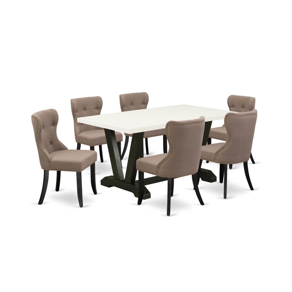 East West Furniture 7-Pc Mid Century Dining Table Set-Coffee Linen Fabric Seat and Button Tufted Back Kitchen Chairs and Rectangular Top Dining Room Table with Solid Wood Legs - Linen White and Wirebr. Picture 1