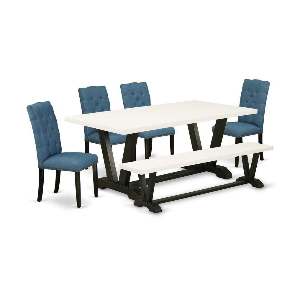 East West Furniture V627EL121-6 6-Piece Awesome Dining Table Set an Excellent Linen White dining table Top and Linen White Wooden Bench and 4 Gorgeous Linen Fabric Padded Parson Chairs with Nail Heads. Picture 1