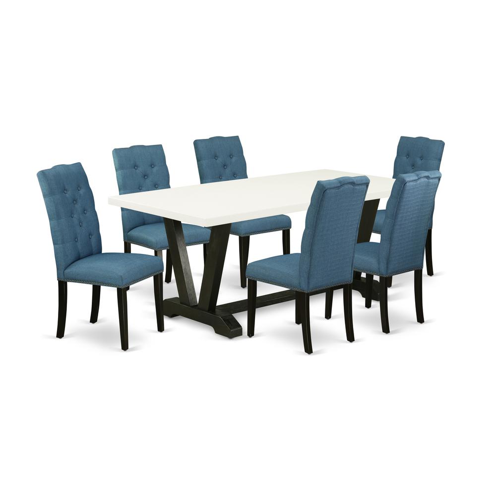 East West Furniture V627EL121-7 7-Piece Fashionable Dining Table Set a Good Linen White Kitchen Table Top and 6 Attractive Linen Fabric Kitchen Chairs with Nail Heads and Button Tufted Chair Back, Wir. Picture 1