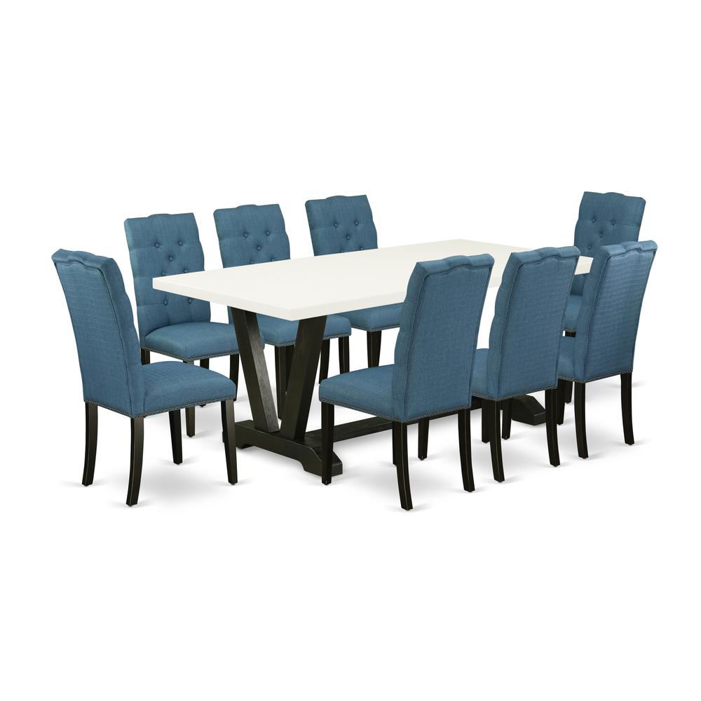 East West Furniture V627EL121-9 9-Piece Gorgeous Dining Room Table Set an Outstanding Linen White rectangular Table Top and 8 Awesome Linen Fabric Padded Chairs with Nail Heads and Button Tufted Chair. Picture 1