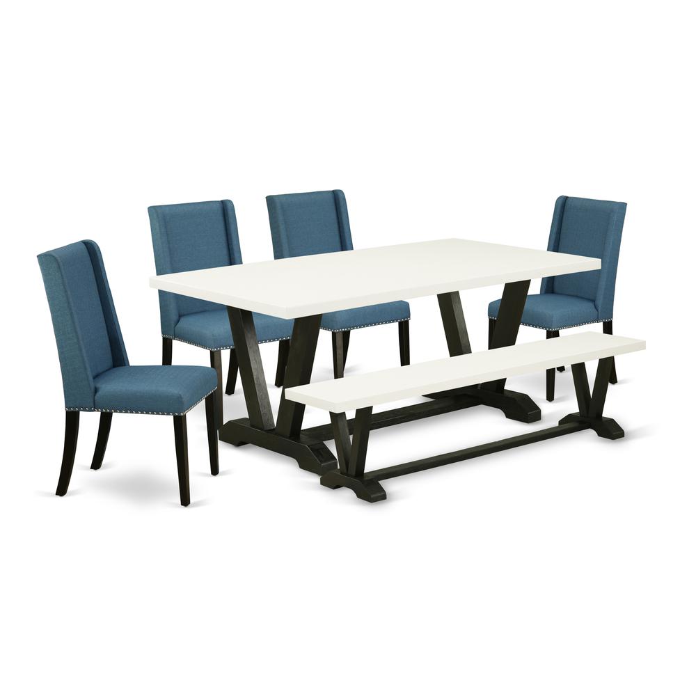 East West Furniture V627FL121-6 6-Piece Awesome Modern Dining Table Set an Outstanding Linen White Wood Table Top and Linen White Kitchen Bench and 4 Amazing Linen Fabric Dining Chairs with Stylish Ch. Picture 1